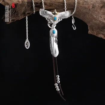 Серебряное ожерелье из орлиных перьев S925, мужская и женская мода, ретро подвеска, круглые бусины, дизайн ручной работы, слишком угловая цепочка